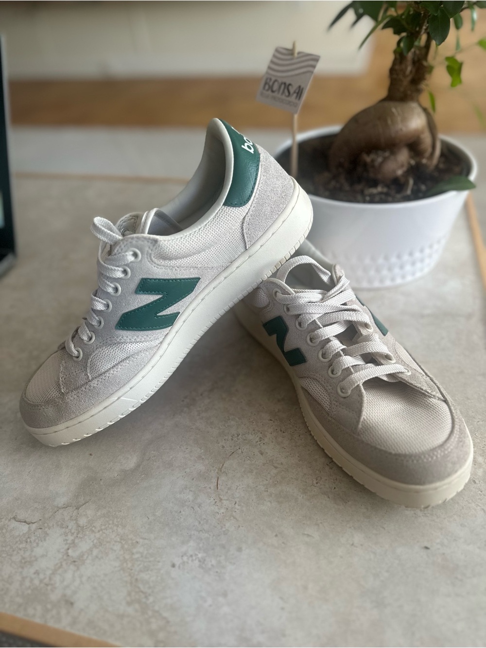 New Balance Cream Canvas Sneakers with Green 'N' Logo